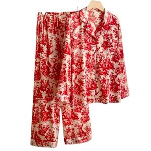 NEW CCB Red & White Satin Toile Ink-Print Button Lapel Collar Pants Pajama Set L